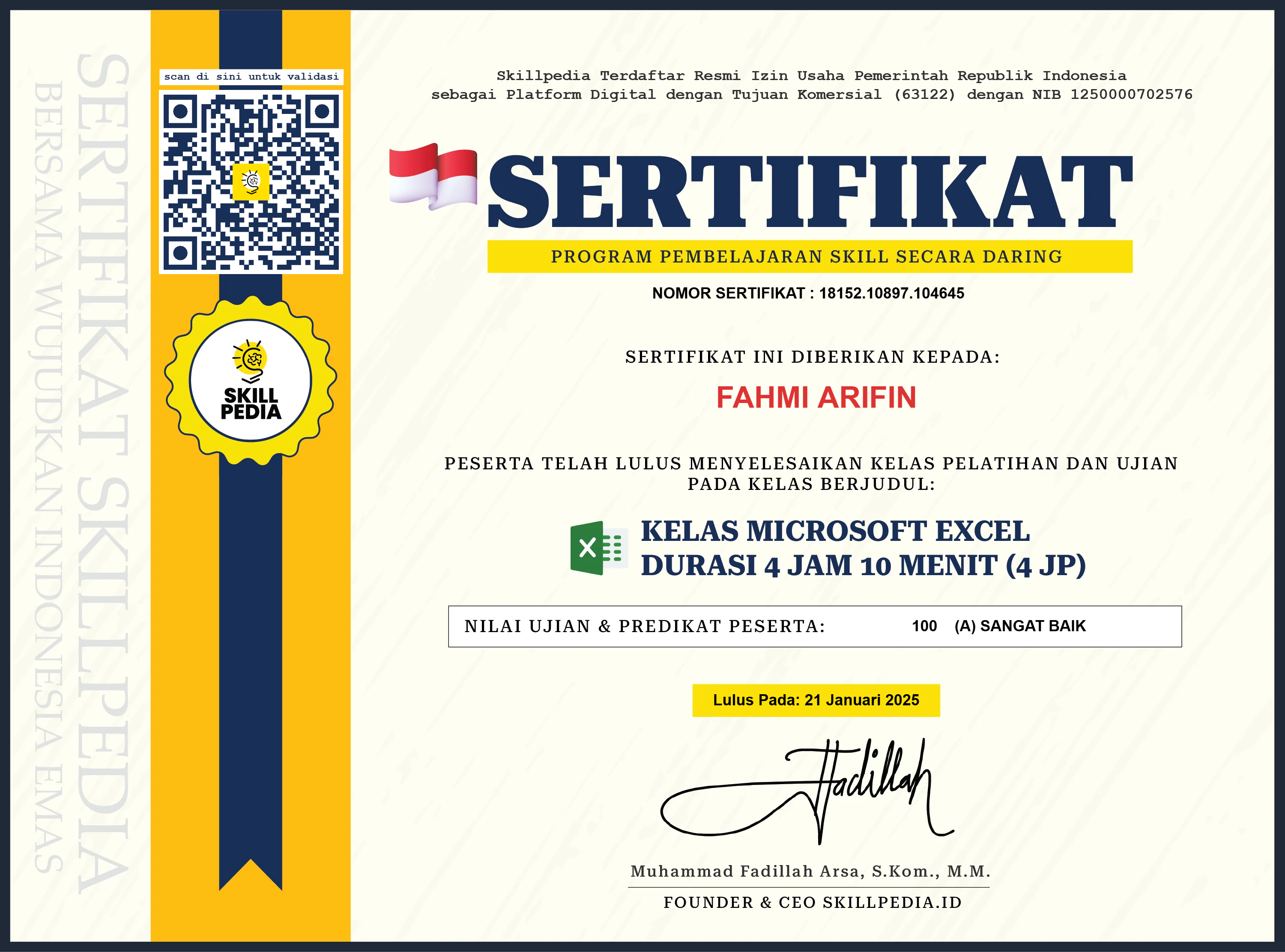 Lihat Sertifikat Kelas Microsoft Excel dalam ukuran penuh